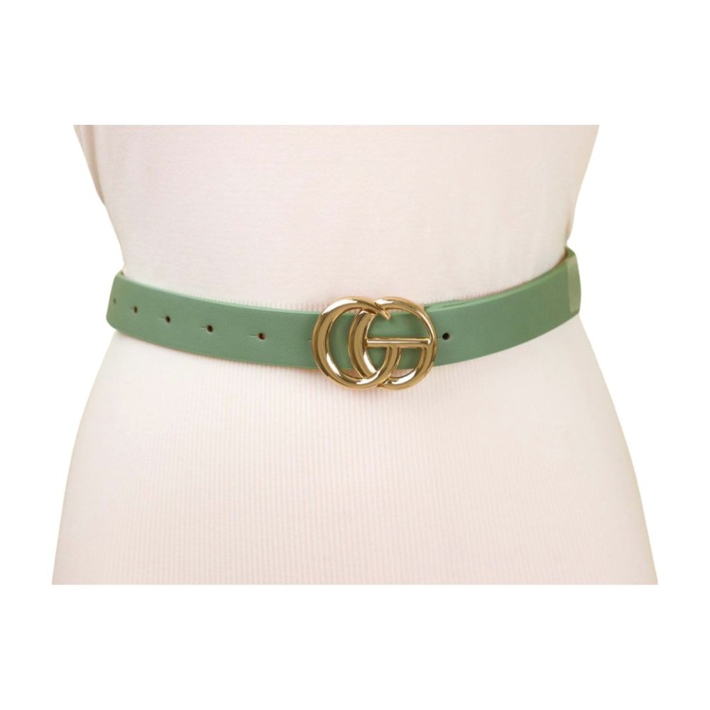 Women Light Green Faux Leather Narrow Strap Belt Gold Metal Buckle Fit M L z018